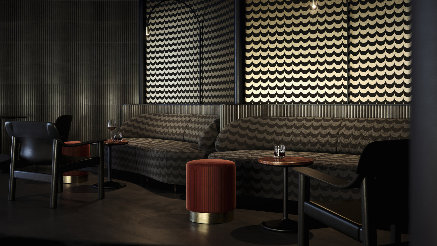 Black and gold bar room, with Scoop wallpaper and upholstery fabric